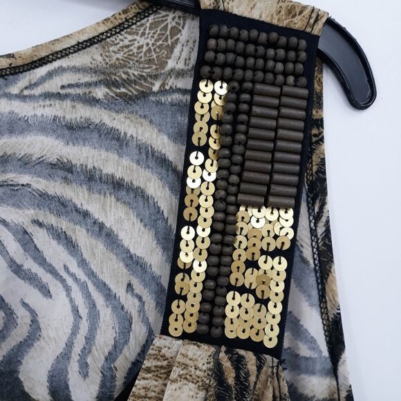 Vintage Top 3X Safari Animal Metallic Stretch Sleeveless Draped Scoop Beaded - Picture 8 of 14